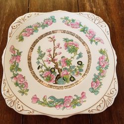 Royal Grafton England fine bone china cake plate Indian tree design with smooth gold trim and border 9 inches across