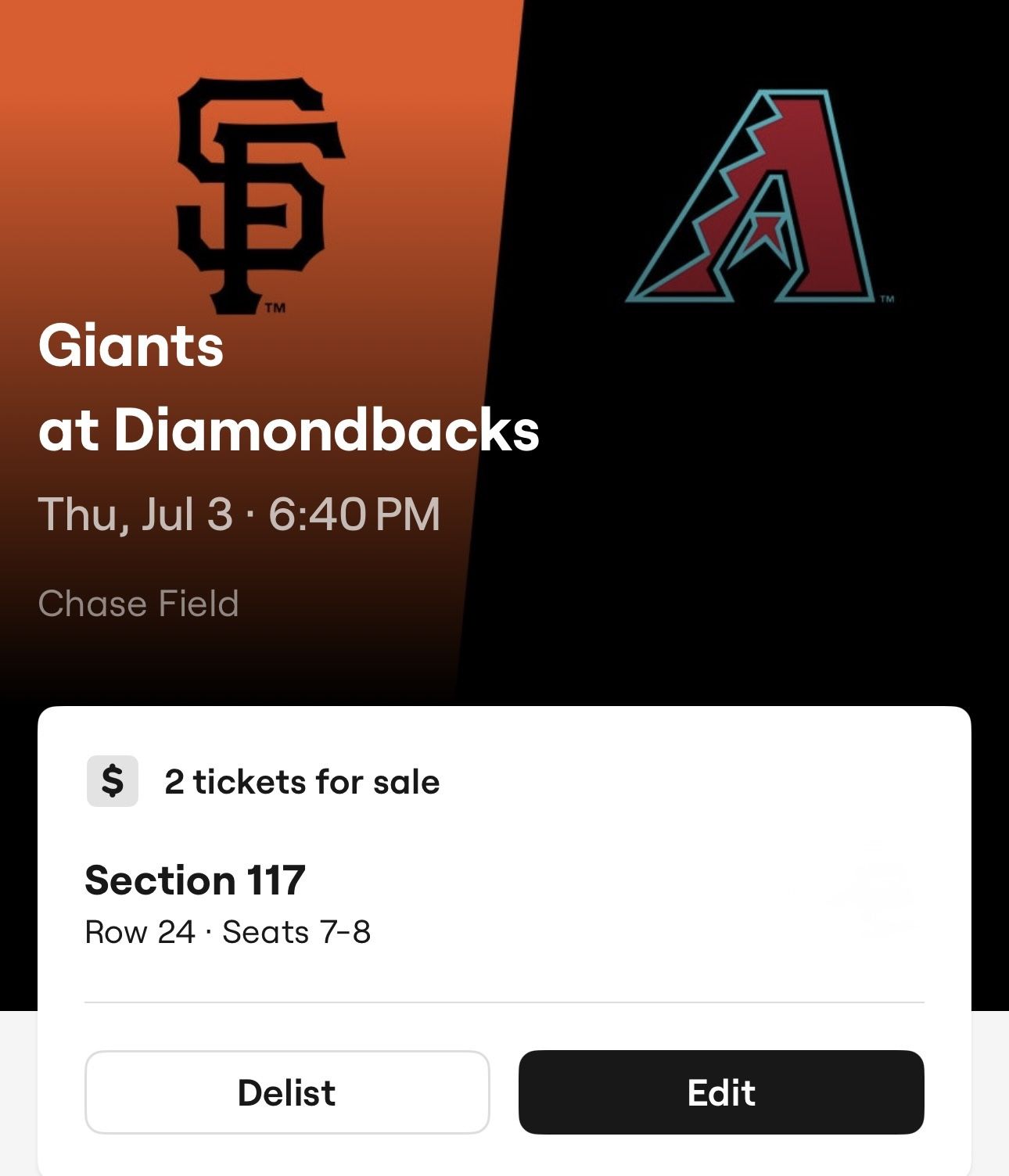 Giants Vs Diamondbacks- 7/3/25 - 2 Tickets
