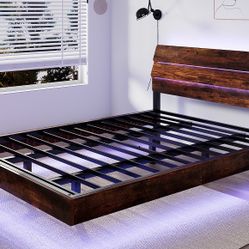 King Size Floating Bed Frame with LED Lights & Storage Headboard – Walnut Finish
