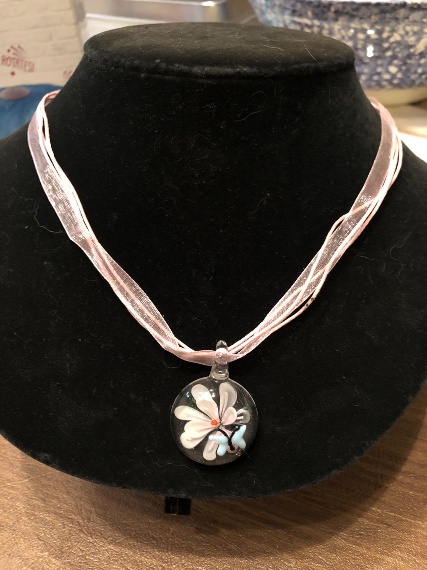 Pink Glass Flower And Butterfly Pendant Necklace 