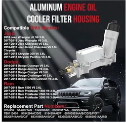 926-959 Aluminum Engine Oil Cooler Filter Housing Adapter for Jeep Cherokee Wrangler JK, Chrysler 300 Pacifica, Dodge Durango Journey Charger Challeng