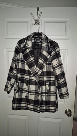 Ambiance Women's Black & White Plaid Pea Coat Jacket Size SMALL