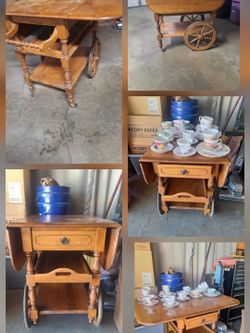 Vintage Wooden Tea Cart with Drop Leaves