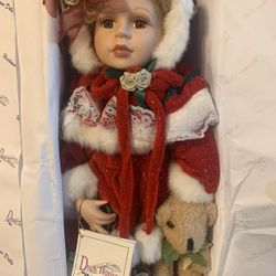 VINTAGE Duck House Christmas Heirloom Porcelain Doll Casandra w/ bear