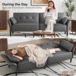 89” Futon Sofa Bed,Futon Couch Bed with 2 Square Pillows,Convertible Sleeper Sofa with Adjustable Backrest& Armrests, Modern Loveseat Sleeper for Livi