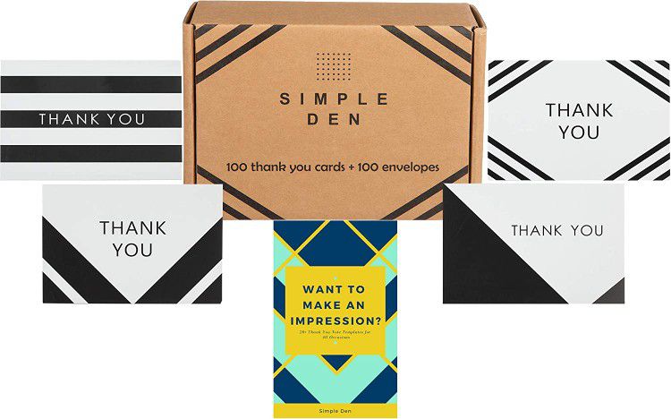 Simple Den Thank You Card Set - 100 Count Bulk Assorted Cards with Envelopes - Perfect for Weddings, Bridal Showers, Baby Showers & Business Use