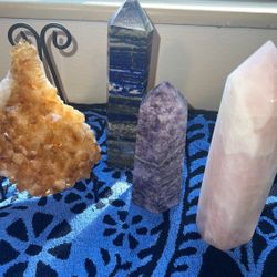 Crystals Lapis, Rose Quartz, Lepidolite Tower And Citrine Cluster 