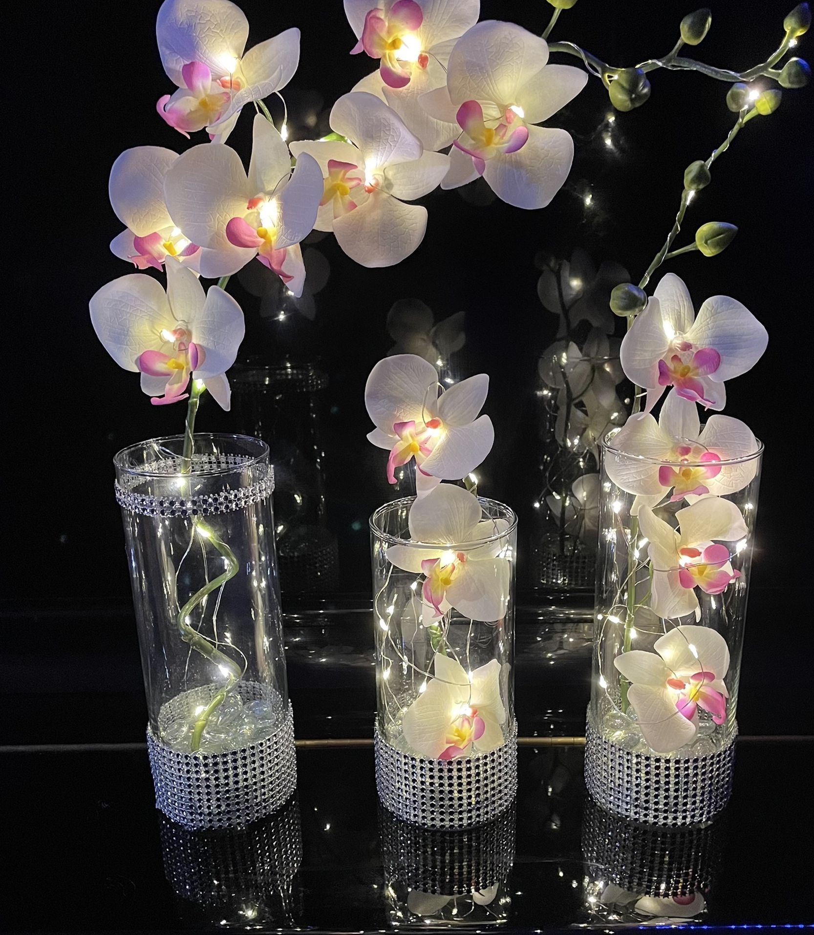 Silk Orchids Glass Vases LED Lights