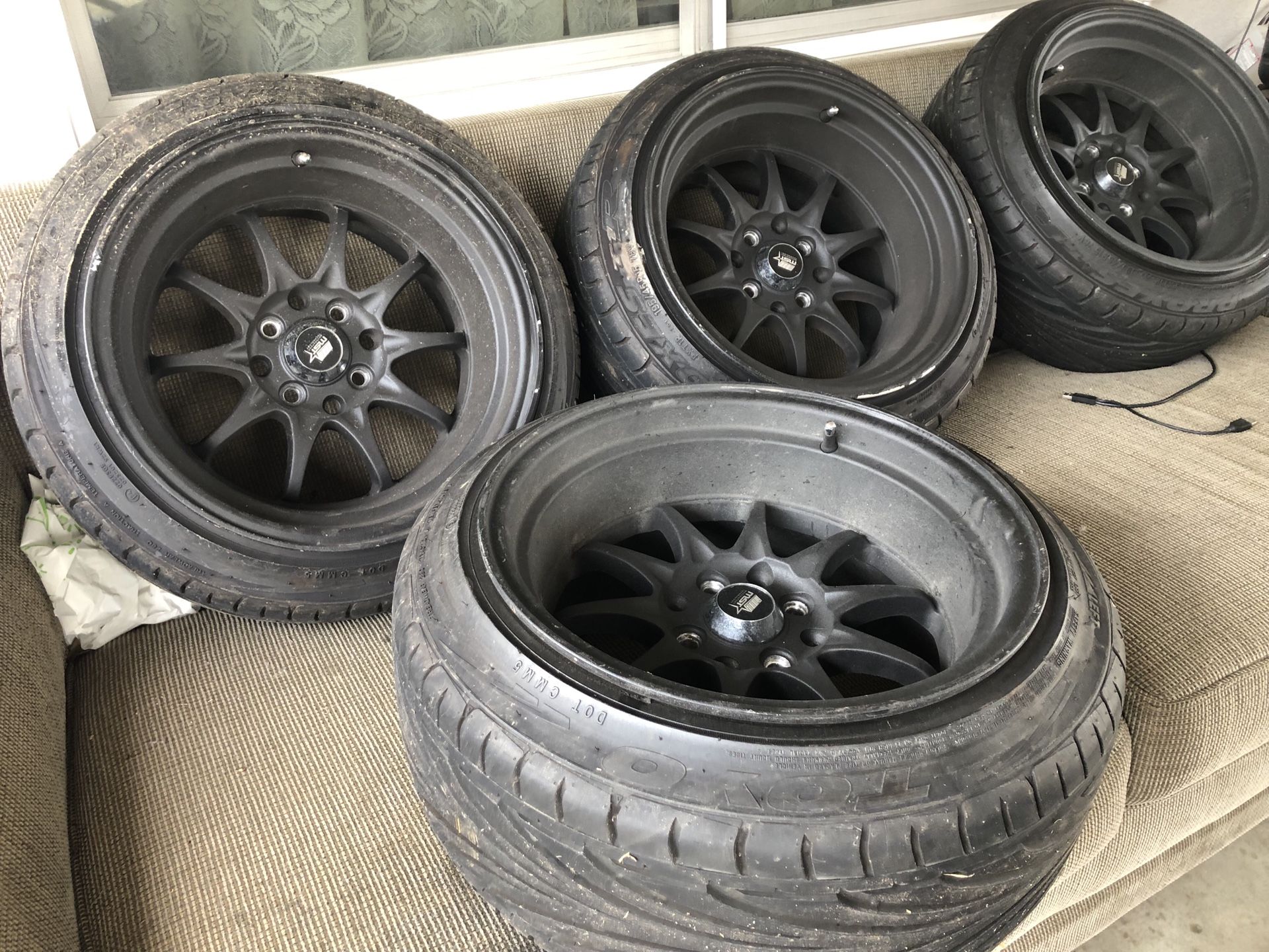 MST rims MT11 15x9” 4x100 lug pattern stretch tires brand new