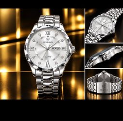 BINBOND Men’s Silver Luxury Watch – Quartz, Day & Date #3