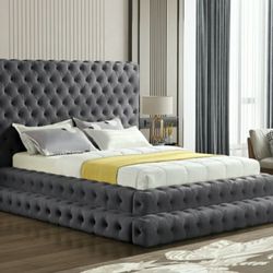 Revel Velvet / Plywood / Solid Wood / Foam Grey Queen Bed (3 Boxes)

