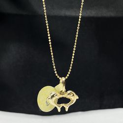 14k Solid Gold Chain And Two Dolphin pendant , gold necklance