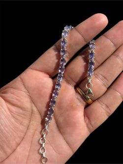925 Sterling Silver Double Tone Bracelet | Amethyst & Aquamarine Adjustable 8.2