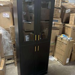 71" Tall Kitchen Storage Cabinet with Doors and Shelves, Freestanding Wood Cupboard Acrylic Glass Door Display Bookcase for Dining Room Living Room Ba