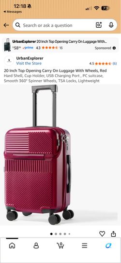 20 Inch Top Opening Carry On Luggage With Wheels, Red Hard Shell, Cup Holder, USB Charging Port , PC suitcase, Smooth 360° Spinner Wheels, TSA Locks, 
