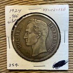 1924 Venezuelan 5 Bolivars 90 Percent Silver 