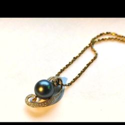 14K Yellow Gold 9mm Tahitian Pearl & Diamond Pendant