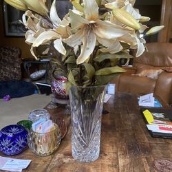 Chrystal Vase Approximately 15” Tall With Silk Flowers 