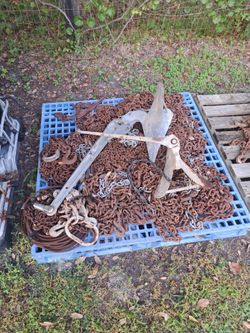 Pallet of chains, cable and anchors