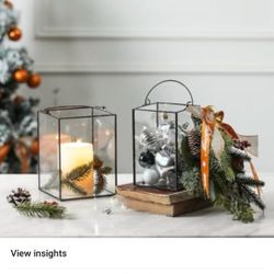 Set of 2 Square Glass Hurricane Candle Holders with Handle, Clear Glass Framed in Black-Finish Brass , Great for Holiday Decor.