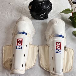 CCM SG2 Vintage Ice Hockey Shin Pads 16.5" & Bauer XS Hockey Helmet