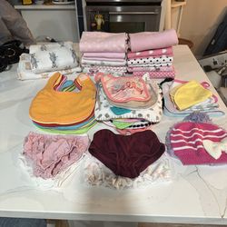 Lot Of Baby Girl Clothes, Bibs & More