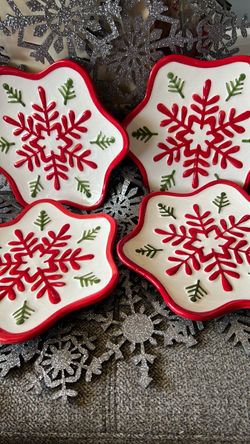 4X Holiday Time Raised Snowflake Salad/Dessert Plate 8.3”  Earthenware w/ Tags