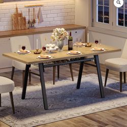 70'' Rectangle Dining Table with Basket Storage , Wood Kitchen Table With Strong Metal Legs Oak Wood
