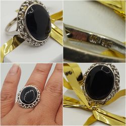 Vintage 925 Silver Onyx stone, 6.42grs, gorgeous antique piece Sz6.5, Huge Stone.
