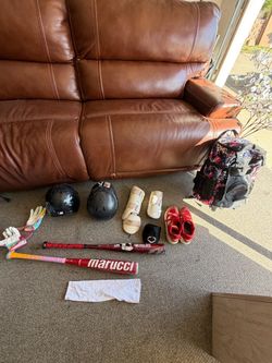 Girls Baseball Equipment Lot – 2 Bats (Marucci & Voodoo), 2 Helmets (One with Mask), New Balance Shoes, Air Jordan Pads, Rolling Bat Bag