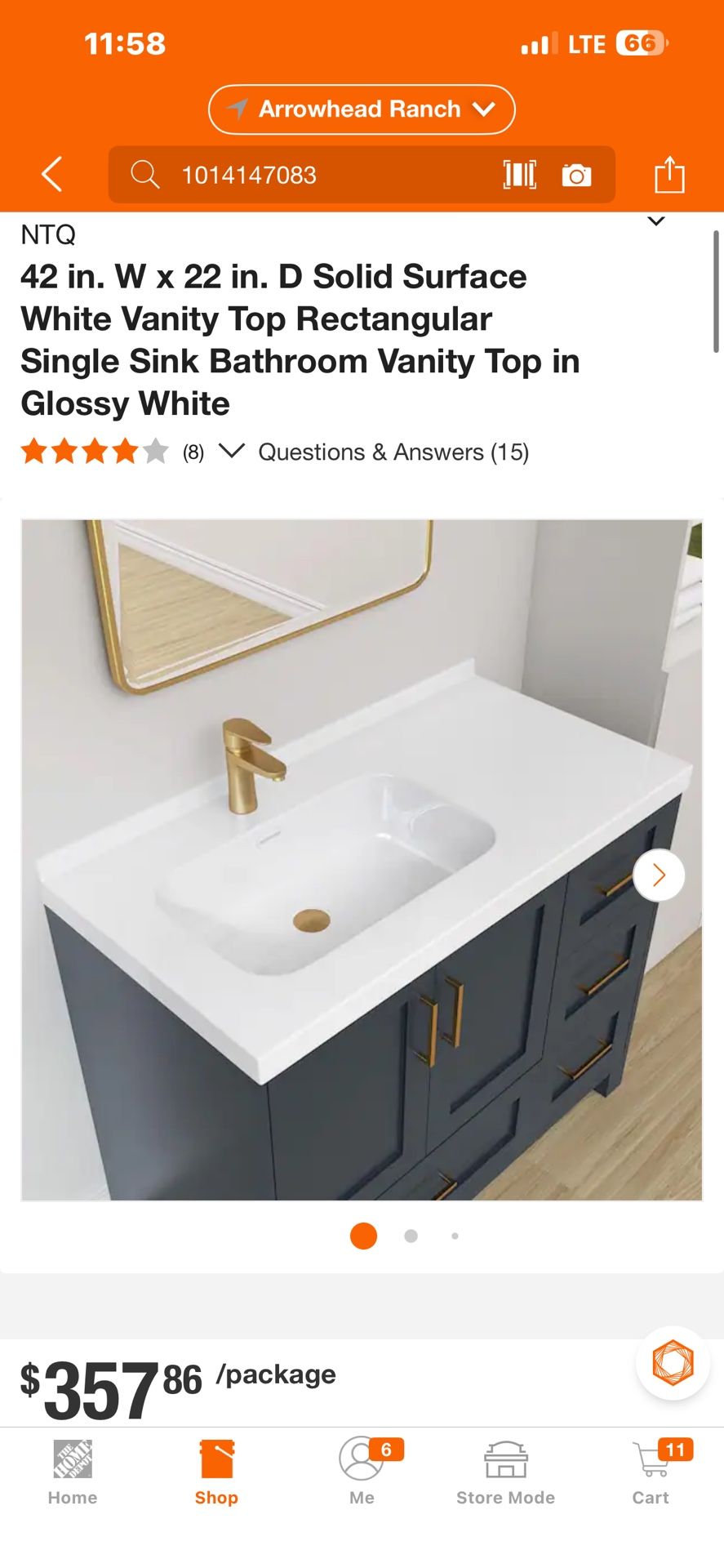 NTQ 42 in. W x 22 in. D Solid Surface White Vanity Top Rectangular Single Sink Bathroom Vanity Top in Glossy White (8) V Questions