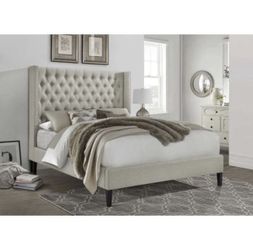  Beige Tufted Linen Platform Bed Frame