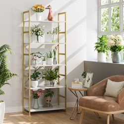 5 Tier Gold Bookshelf, Modern Display Shelves Industrial Bookcase with Metal Frame for Bedroom Living Room, White