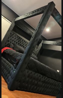 Black Canopy Bed Frame Button Tufted 87”H Brand New In Box Firm Price  Queen $599Eastern King $640 Box spring or foundation needed