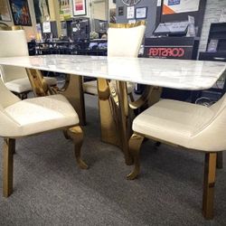 5PC White Marble Gold Dining Set