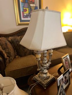 Ornate Silver Table Lamp with Fabric Shade