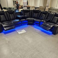 Brand New Faux Leather Black Sectional Power With LED Lght, Wireless Charger, Reading Light & USB OUTLET $1599
