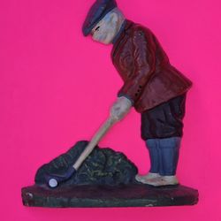 VINTAGE 1990 CAST IRON GOLFER DOOR STOP