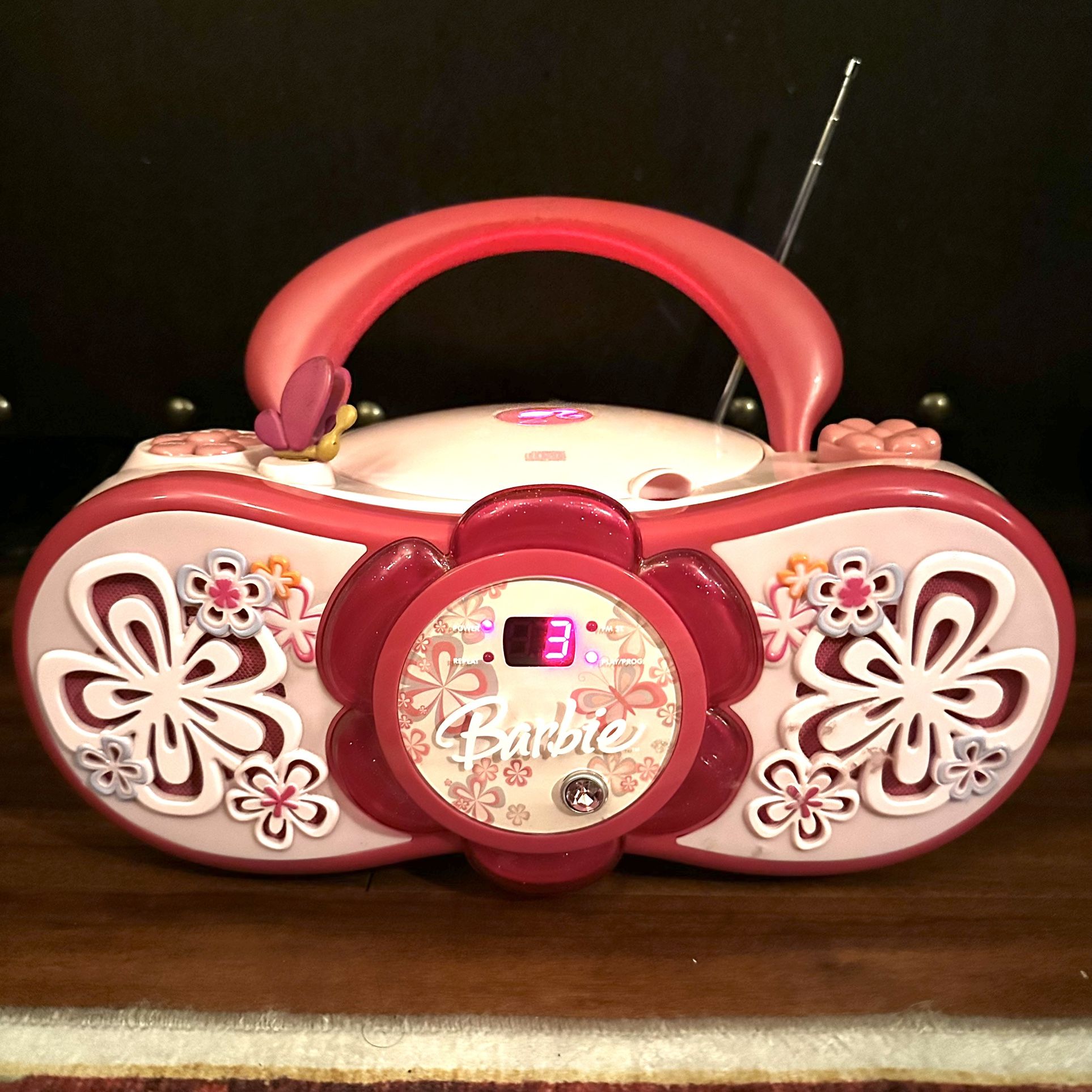 Y2K Barbie CD Radio Player Light Up Boombox Pink Flowers