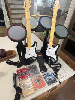 PS3 Rock Band Guitar Drum Set 2 Wireless Guitars Dongles Mic 5 Games PlayStation  The Rock Band Drums 2 wireless Guitars Microphone PlayStation Set by