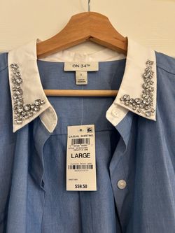 Blue White Blouse with Cuffs Stones around the collar.