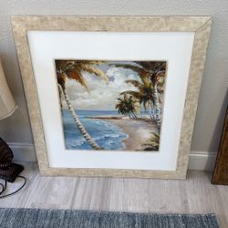 Large Framed Tropical Beach Wall Art – Coastal Palm Tree Scene (32” x 34”) – $50