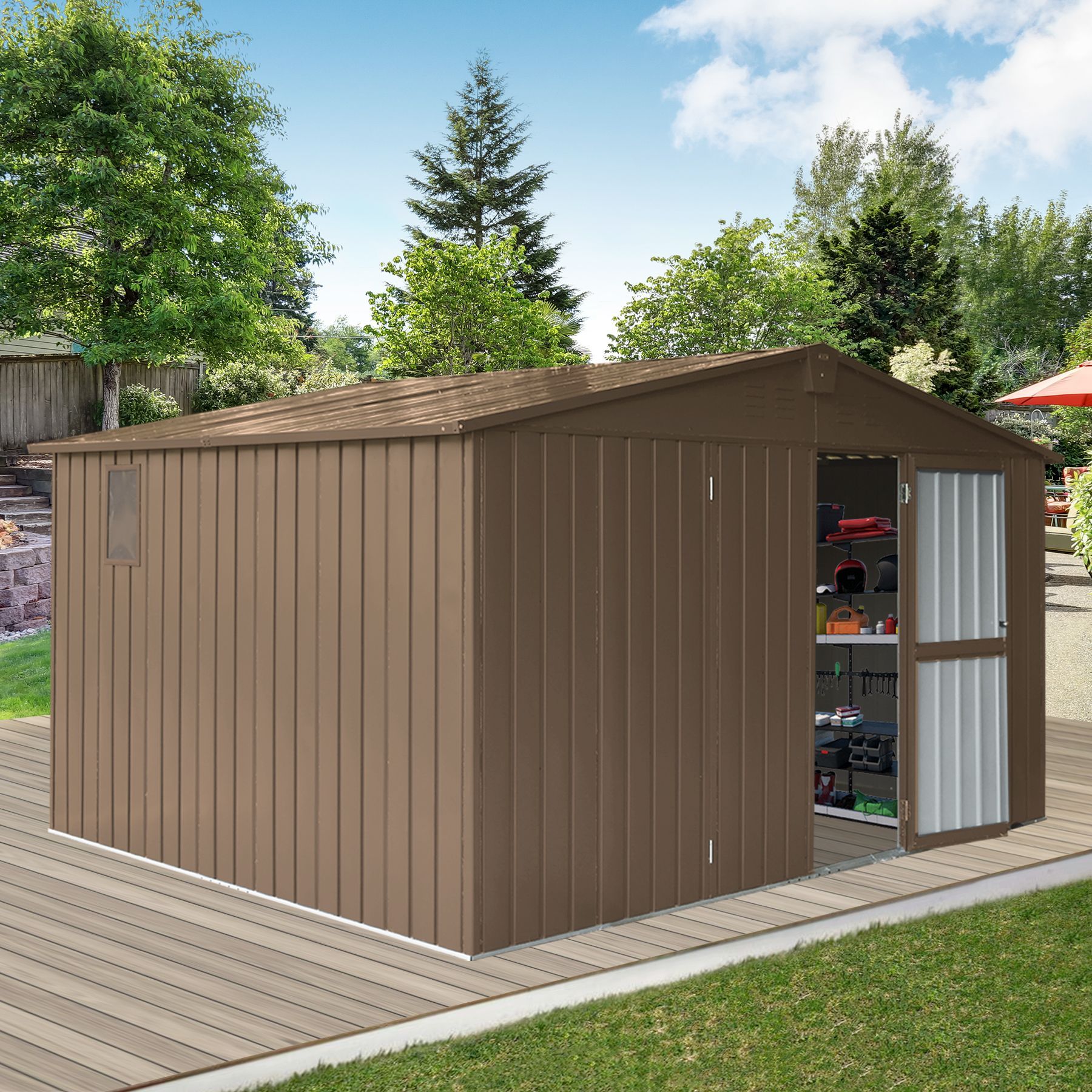 Backyard Storage Shed 11'x 9' with Galvanized Steel Frame & Windows, Outdoor Garden Shed Metal Utility Tool Storage Room with Lockable Door for Patio(