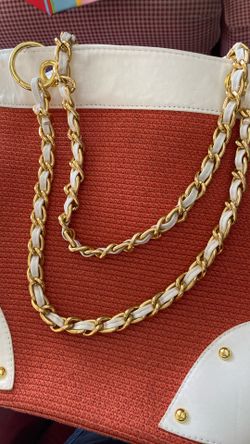 Large Fabric Tote With Leather Trim, Gold Metal Chain Handles