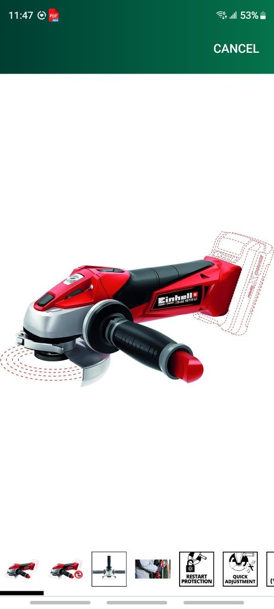 Einhell TE-AG Power X-Change 18-Volt Cordless 4.5-Inch, 8500 RPM Angle Grinder/Cutoff Tool for Grinding and Cutting, Tool Only (Battery + Charger Not