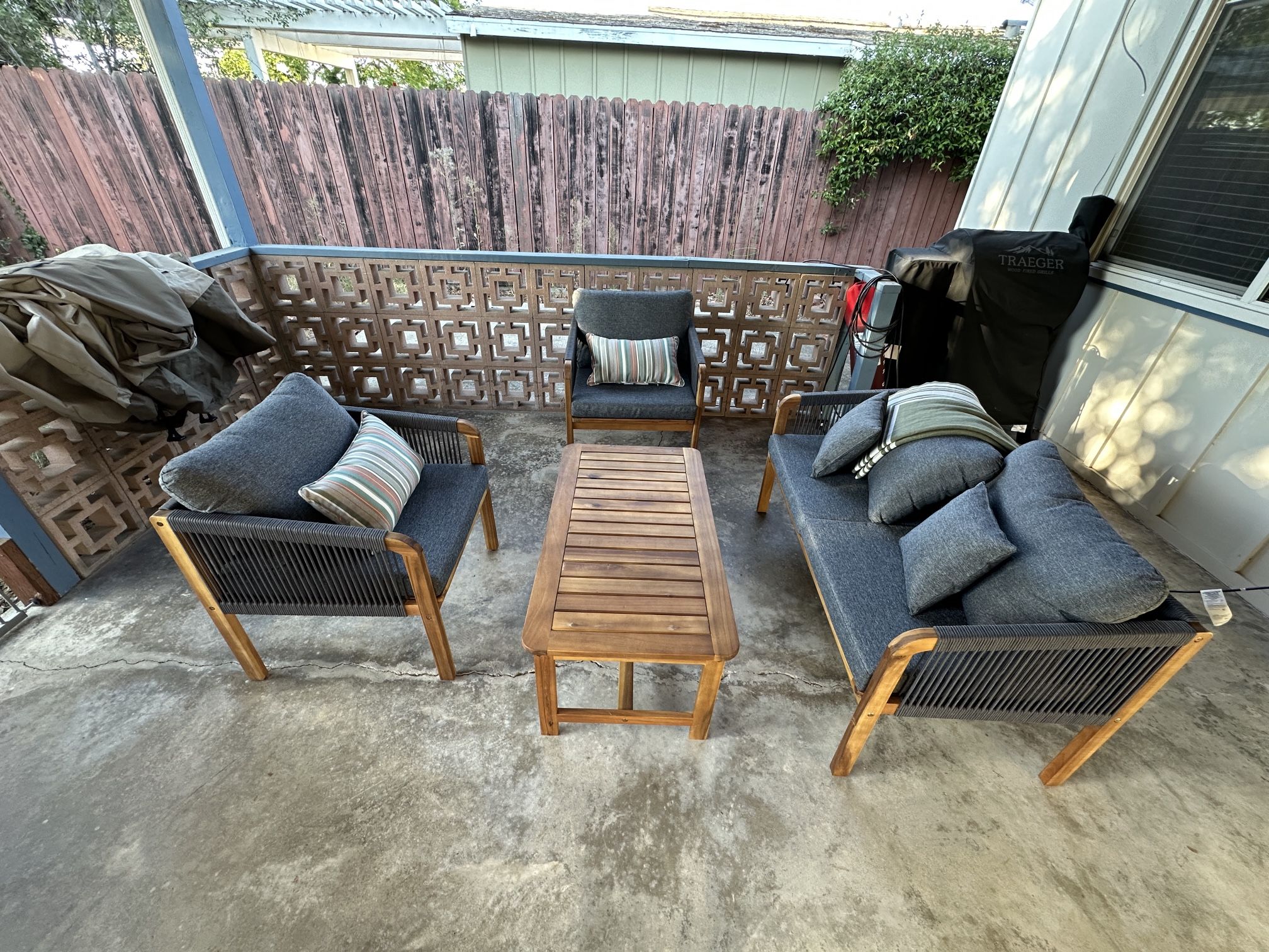 4-Piece Grey Cushion & Teak Wood Outdoor Patio Set