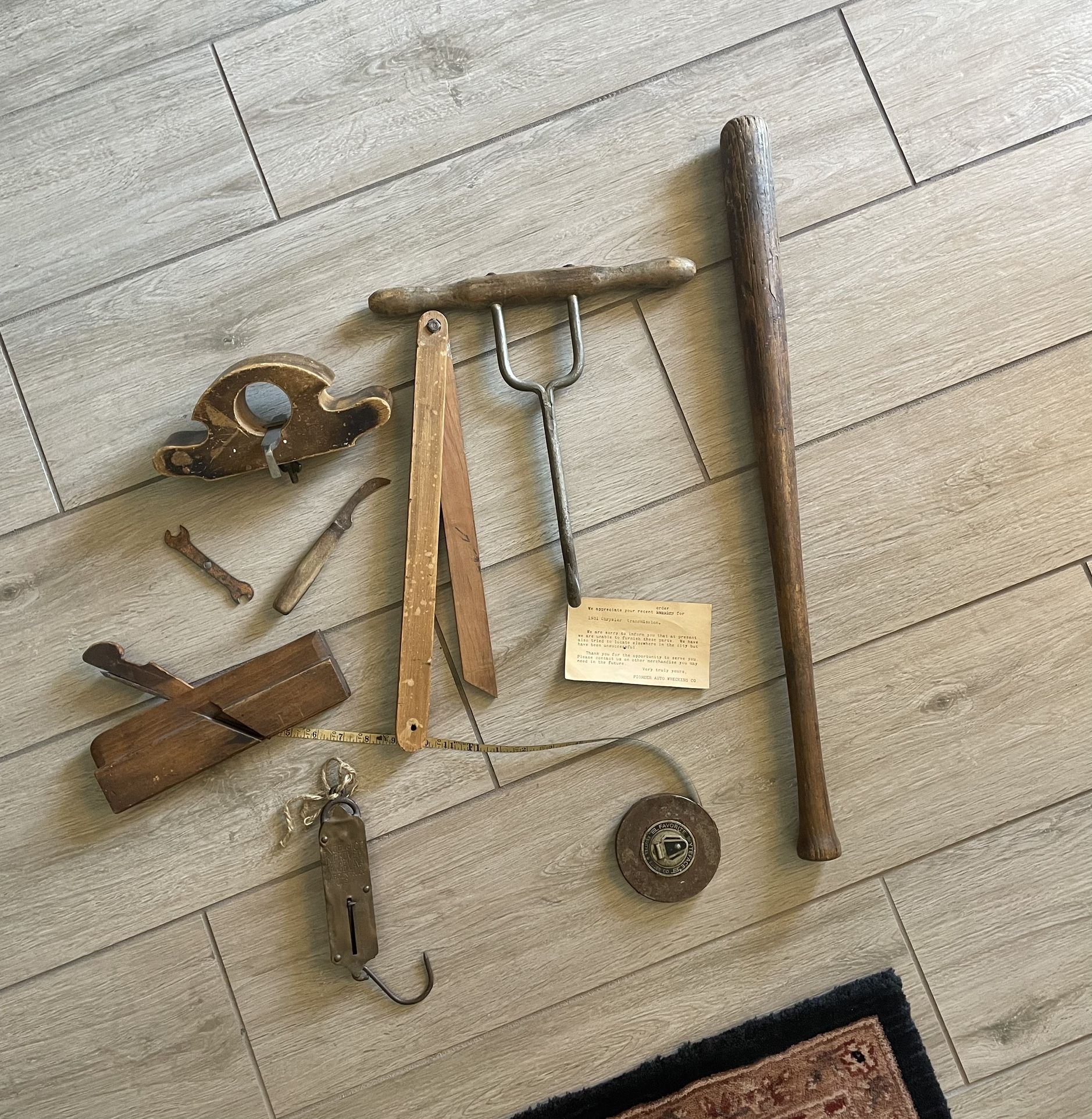 Antique Tools 9 Items & 1938 Vintage Postcard