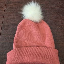 Pink Beanie with White Raccoon Pom Pom