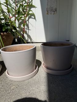 2 white pots with built in saucers!