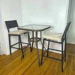 New Outdoor Patio 3 Piece Bar Table  and Chair Set with umbrella Hole and tempered glass Top